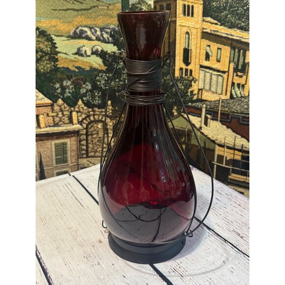 Vintage Red Glass Hanging Lantern Tea Light Holder With Metal Wire Wrap & Handle - Picture 2 of 11